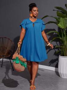 Slaydiva Plus Size Holiday Casual Loose A-Line Twist Knot Dress, Green, Non-Stretch Woven Fabric, Plus Size - Blue - View 1
