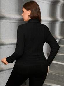 SHEIN Clasi Plus Size Solid Color Turtleneck Side Ruched Fitted T-Shirt, Casual For Autumn/Winter