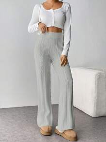 SHEIN Privé 女式扭纹针织阔腿冬裤 - 灰色 - 查看 4