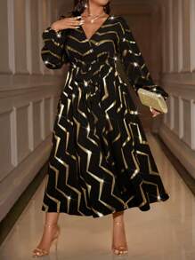 Allurite Cross V-Neck Waist Gathered Full Length Dress With Lantern Sleeves, Random Foil Print, Tie Waist Maxi Women Outfit Fall Cloth For Women - Black - View 4