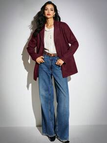 Poéselle Women's Suede Pockets Solid Color Turndown Collar Long Sleeve Casual Loose Coat