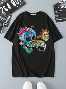 Rick and Morty X SHEIN Men's Casual Funny Cartoon Print Black Short Sleeve T-Shirt, Summer