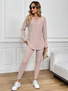 SHEIN Tall CURVE 2pcs/Set Plus Size Women Thermal Lined Ribbed Long Sleeve T-Shirt And Leggings, Autumn/Winter Knit Two Piece Set Two Piece Lounge Set Ribbed Two Piece Set Comfy Set Comfortable Two Piece Set - Pink - View 6
