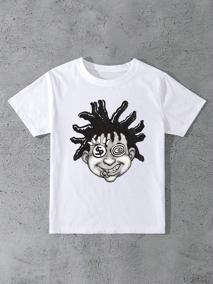 SHEIN 女士休闲卡通人物印花宽松落肩短袖 T 恤，夏季图案 T 恤女式上衣 - 白色 - 查看 1