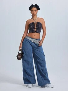 SHEIN ICON 女士休闲宽松街头风格阔腿工装牛仔裤低腰直筒牛仔裤