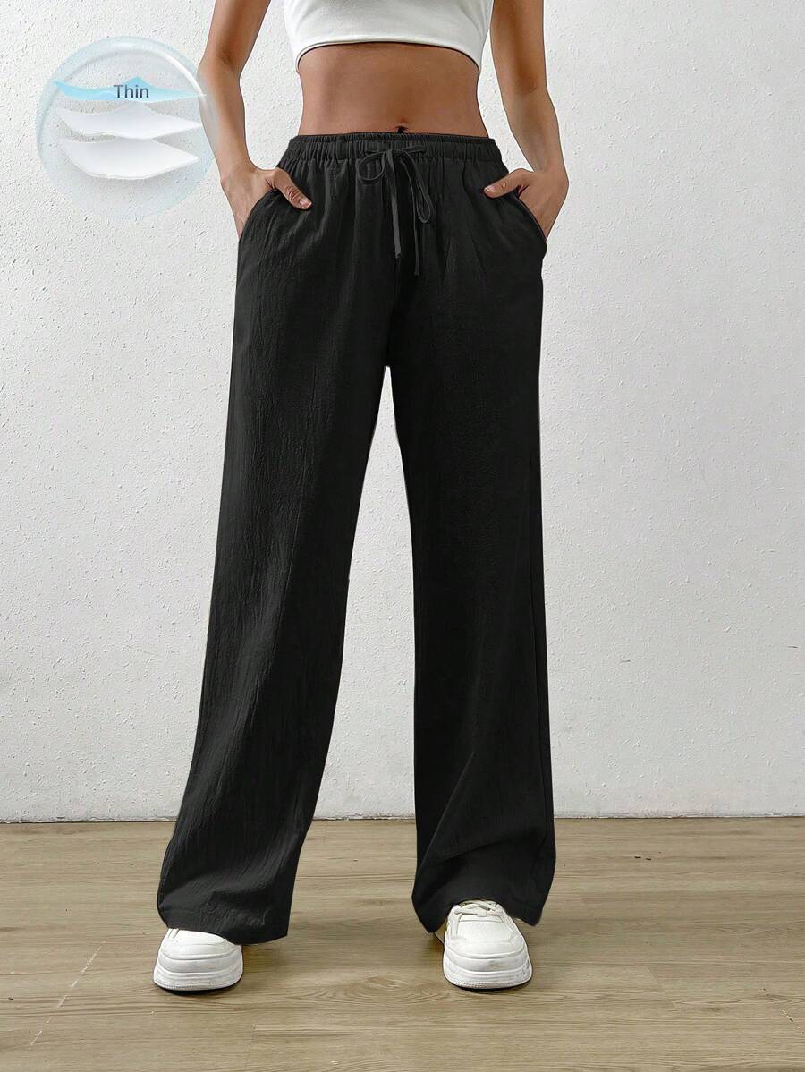 SHEIN EZwear Summer Black Drawstring Waist Slant Pocket Pants Dress Pants