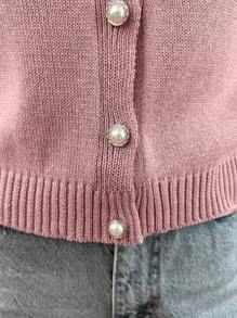 EURMUSE Gold Button Short Sleeve Elegant Cardigan - Pink - View 4