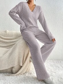Chiquease 2pcs/Set Solid V-Neck Cable Pattern Long Sleeve Pullover Sweater And Long Underwear, Casual - Dusty Purple - View 3
