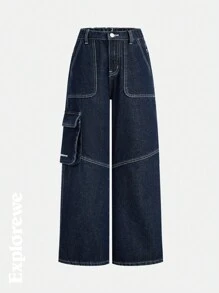 SHEIN Tween Girls Pocket Decor Wide Leg Loose Casual Versatile Jeans - Dark Wash - View 6