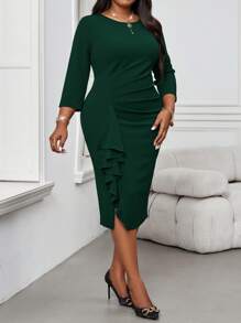 SHEIN Lady Autumn And Winter Christmas Party Dress Elegant Vintage Work Wedding Cocktail Party Deep Red Knitted Round Neck Pencil Flounce New Product Bodycon Dress Plus Size Dresses Bridesmaid Dress