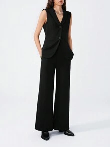 LYSMO Women Solid Color Fitted Vest And Loose Straight Leg Pants 2 Pieces Suit - Black - View 5