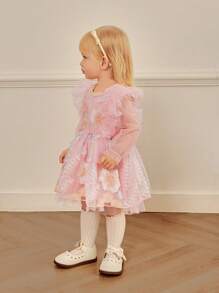 SHEIN Baby Girl 2-4T Winter New Floral Embroidery Tulle Long Sleeve Princess Dress, Elegant And For Christmas, New Year Party, Birthday - Pink - View 5