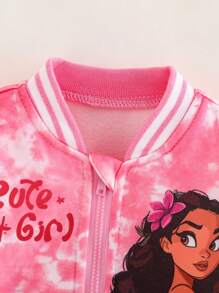 女童夏威夷公主图案厚款保暖棒球夹克休闲运动日常装，2024 年秋冬 - 粉色 - 查看 6