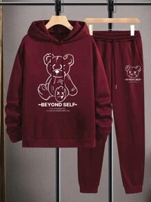 EURMUSE Men Letter And Bear Printed Regular Hoodie & Pants Set - Burgundy - View 3