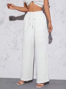 SHEIN PETITE Drawstring Waist Wide Leg Trousers - White - View 4