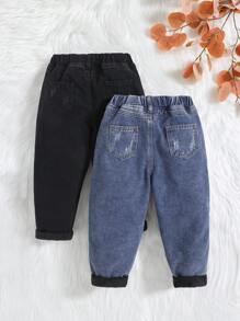 Cozy Pixies 2pcs/Set Young Boys' Fashion Stonewashed Baggy Soft Thermal Lined Denim Jeans Pants, Young Boys Fall Winter Clothes Outfits