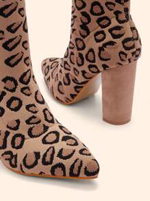 CUCCOO BASICS Women's Pointy Toe Chunky Heel Leopard Print Slip-On Elastic Knit Sock Boots, Mid-Calf Short Boots Spring Shoes Spring Break Easter