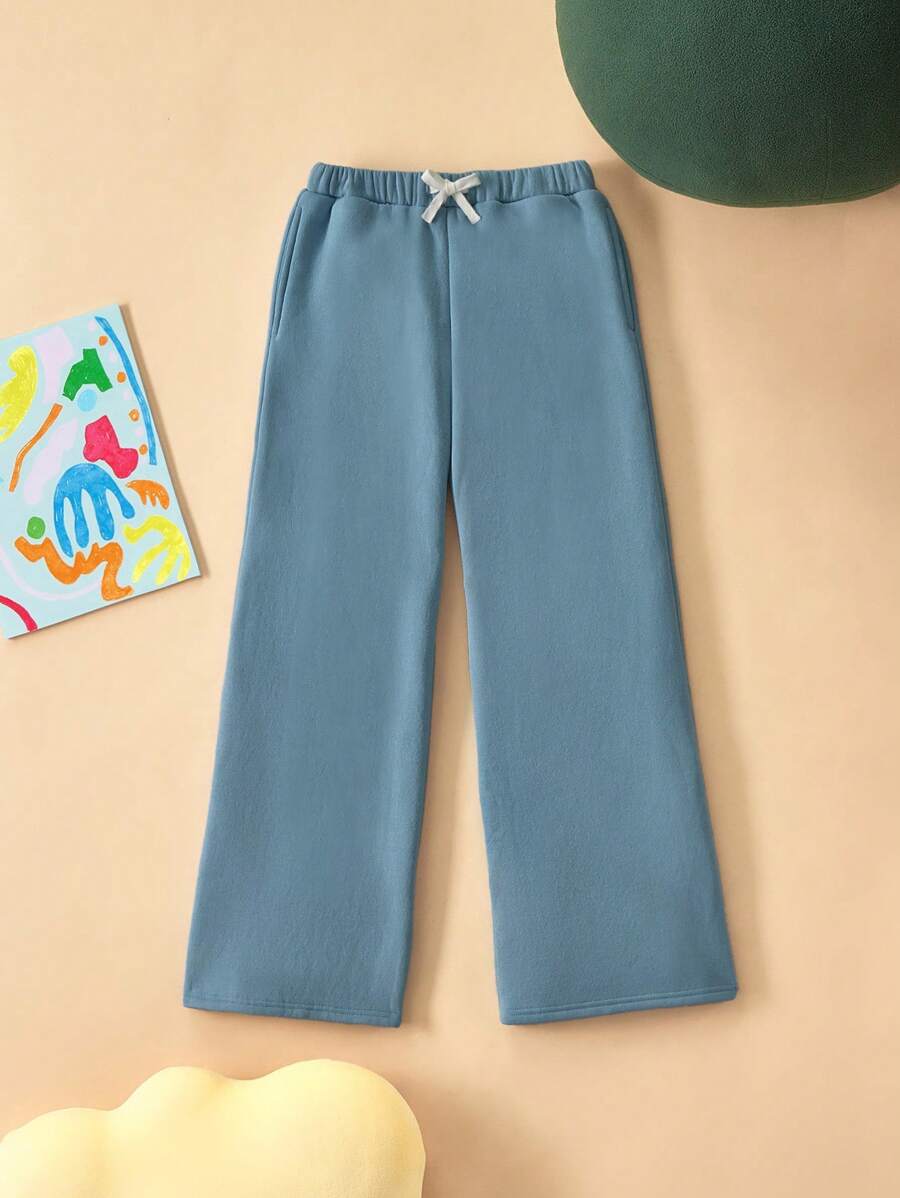 SHEIN Tween Boys' Solid Color Casual Sports Loose Fit Elastic Waist Pocket Straight Leg Pants, Autumn/Winter