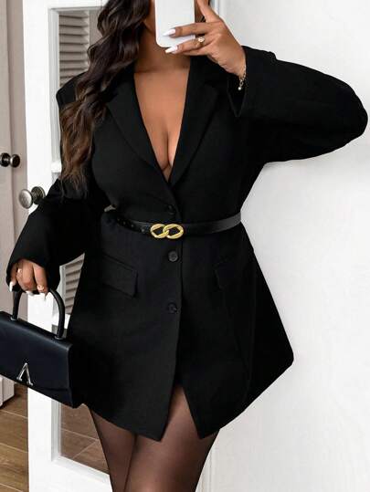 SHEIN Frenchy 加大码纯色前扣系腰带优雅长袖西装外套，冬季