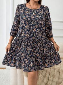 SHEIN LUNE Vestido midi de talla grande con estampado floral menudo, vestido corto casual con mangas de obispo, atuendo de Acción de Gracias y Año Nuevo para mujeres