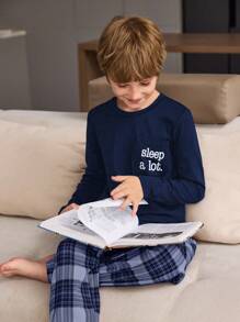 2pcs Tween Boys Casual Classic Plaid Pattern Short Sleeve Top And Pants Comfortable Pajama Set - Royal Blue - View 4