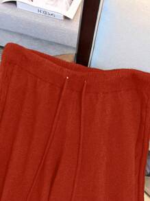SHEIN LUNE Plus Size Women Solid Color Drawstring Waist Wide Leg Loose Knitted Pants For New Year Clothes