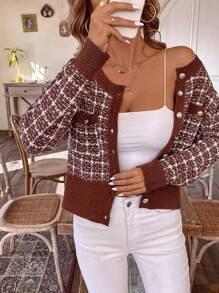 SHEIN LUNE Cárdigan casual con botones delanteros y estampado a cuadros, de manga larga y versátil