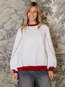 Aralina 圆领毛毯缝线超大运动衫 - 米色 - 查看 2