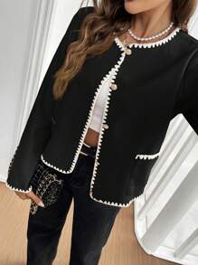 SHEIN Frenchy Autumn Casual Color Block Trimmed Double Pockets Jacket Winter Black Elegant Spring - Black - View 6