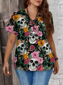 SHEIN Essnce 亡灵节骷髅与花卉图案休闲宽松大码女式短袖 T 恤，适合夏季 - 白色 - 查看 5