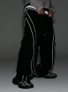 Manfinity VCAY Quần baggy dệt thoi màu đen rộng thùng thình có túi hộp kẻ sọc hai bên dành cho nam, làm quà tặng cho bạn trai - màu đen - Xem 1