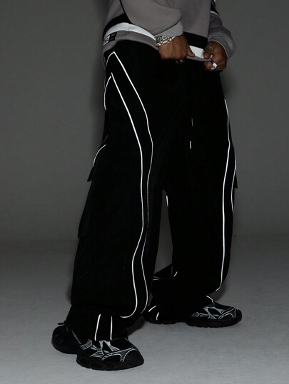 Manfinity VCAY Men's Side Stripe Cargo Pocket Loose Woven Black Baggy Pants, For Boyfriend Gift