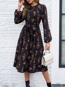 SHEIN Clasi Women All-Over Print Crew Neck Long Sleeve Casual Dress, Suitable For Autumn/Winter , Fall