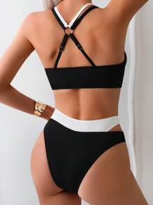 New Design Color Block Sexy Ribbed 2 In 1 Bikini Set Summer - Black and White - View 2