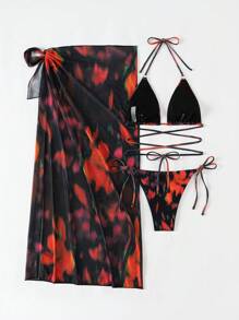 Conjunto de 3 piezas de traje de baño para mujer: traje de baño sexy con estampado de teñido anudado y falda maxi de playa de verano