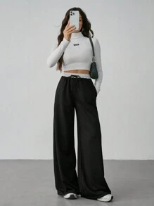 SHEIN Tall 女款撞色腰阔腿裤 - 黑色 - 查看 5