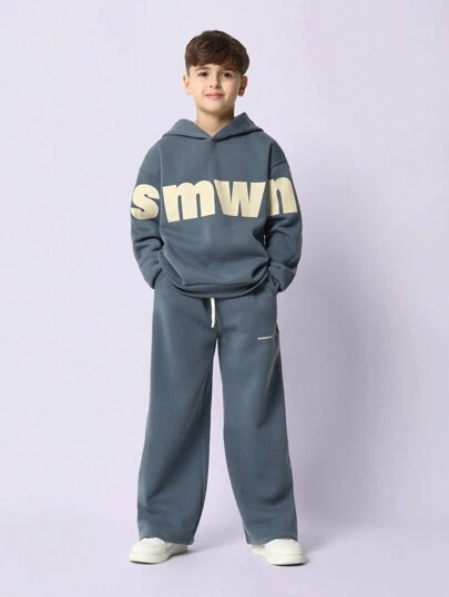 SUMWON Mysig sweatshirt jogging tvådelat set med grafisk logotyp, överdimensionerad, streetwear, avslappnad höst/vinter, dragsko, vida ben, träningsbyxor, varmt set, del av set