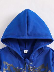 Gothic Letter & Skull Print Hooded Sweatshirt For Teenage Boys, Street Style, Halloween - Blue - View 4
