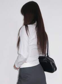 DAZY Women's Regular Collar Striped Slim Fit Button Down Shirt, Light Gray, Spring/Summer Long Sleeve Top