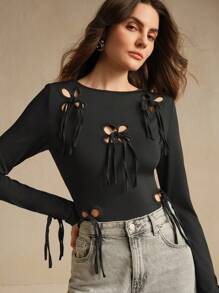 Anewsta 女款弹力镂空扭纹长袖T恤，秋冬春季款 - 黑色 - 查看 4