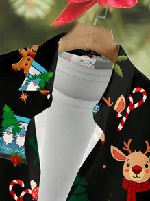 Manfinity Homme Koszula męska w dużym rozmiarze, na co dzień, z nadrukiem Świętego Mikołaja, z krótkim rękawem i guzikami z przodu, w stylu świątecznym