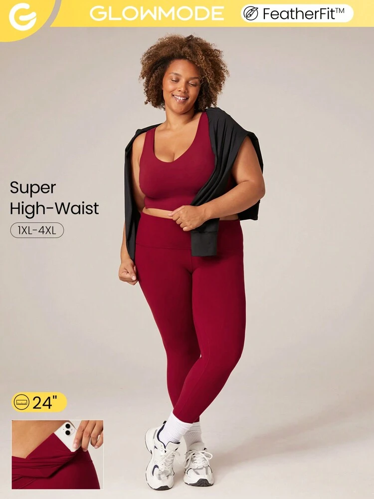 24'' FeatherFit™ Plus Size Super High Waist Leggings With Hidden Front Pocket Low Impact Yoga Pilates Daily
