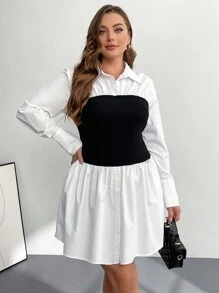 SHEIN Essnce Plus-Size Women's Shirt Dress, 2 In 1 Dress, Black And White Dress, Casual Long-Sleeved Shirt Dress, Fall Dress Fall Women Dresses,Turtleneck Long Sleeve - White - View 1
