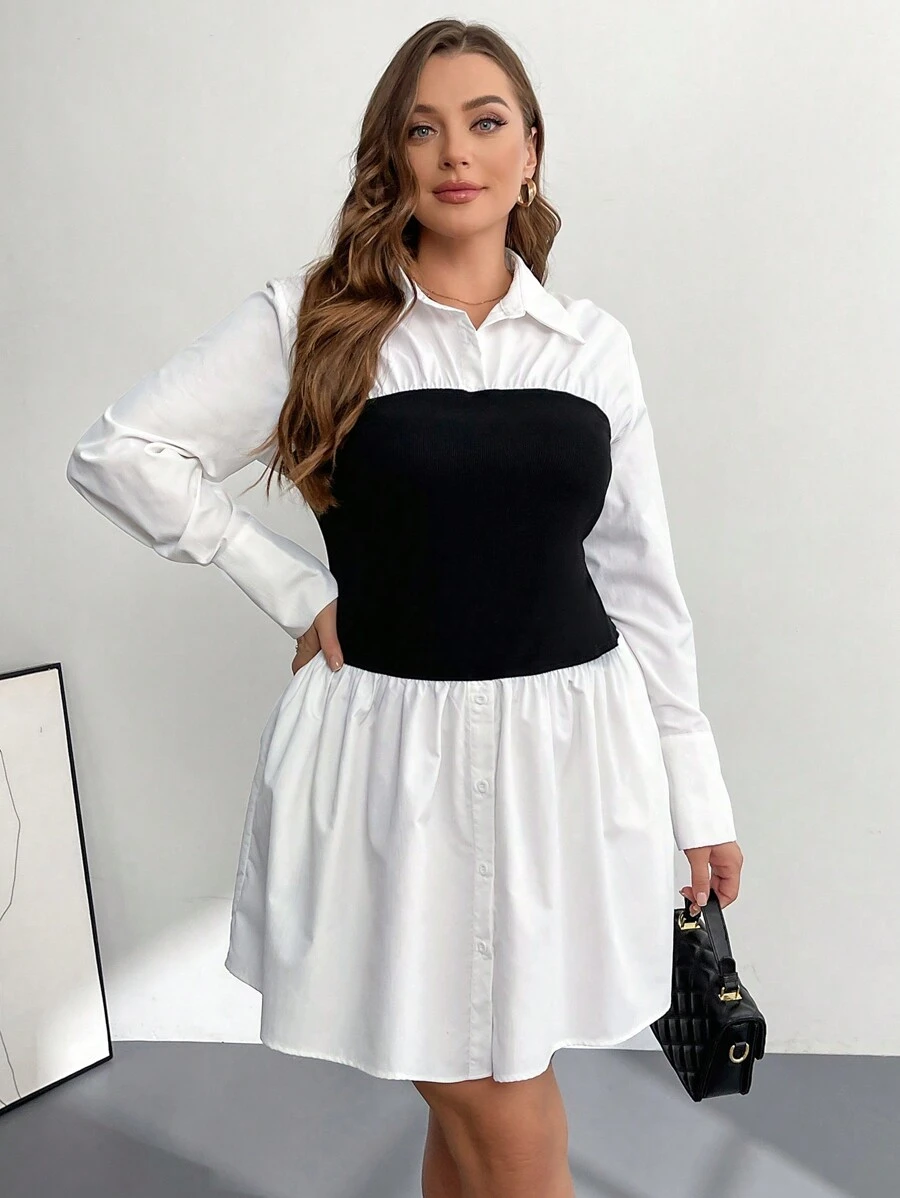 SHEIN Essnce Plus-Size Women's Shirt Dress, 2 In 1 Dress, Black And White Dress, Casual Long-Sleeved Shirt Dress, Fall Dress Fall Women Dresses,Turtleneck Long Sleeve - White - View 1