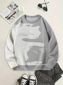 Manfinity Hypemode Áo len cổ tròn dài tay thường ngày cho nam có họa tiết mèo, phong cách tối giản - Xám - Xem 1