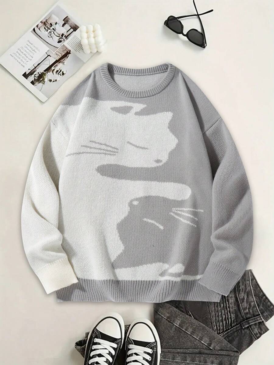 Manfinity Hypemode Áo len cổ tròn dài tay thường ngày cho nam có họa tiết mèo, phong cách tối giản - Xám - Xem 1