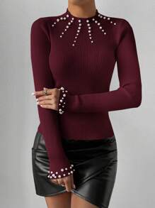 Firerie 纯色立领仿珍珠装饰修身优雅长袖套头衫，长袖上衣 - 酒紅色 - 查看 2