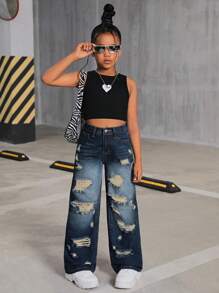 SHEIN Tween Girl Y2K Fashion Retro Washed High Waist Distressed Ripped Straight Leg Jeans, Back To School Casual Clothes - Dark Wash - View 4