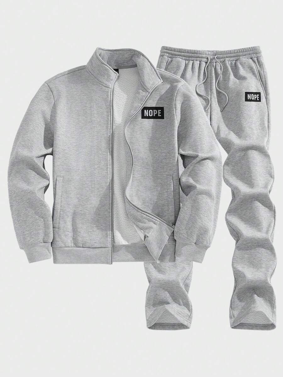 Manfinity VCAY 2pcs Knitted Men's Casual Long Sleeve Jacket & Elastic Waist Straight Leg Pants Set, For Fall Winter - Grey - View 1