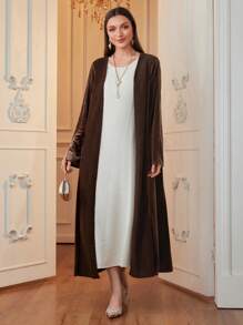 Al Najma 女士秋冬长款宽松天鹅绒拼布毛圈提花和服开衫 - 咖啡棕 - 查看 6